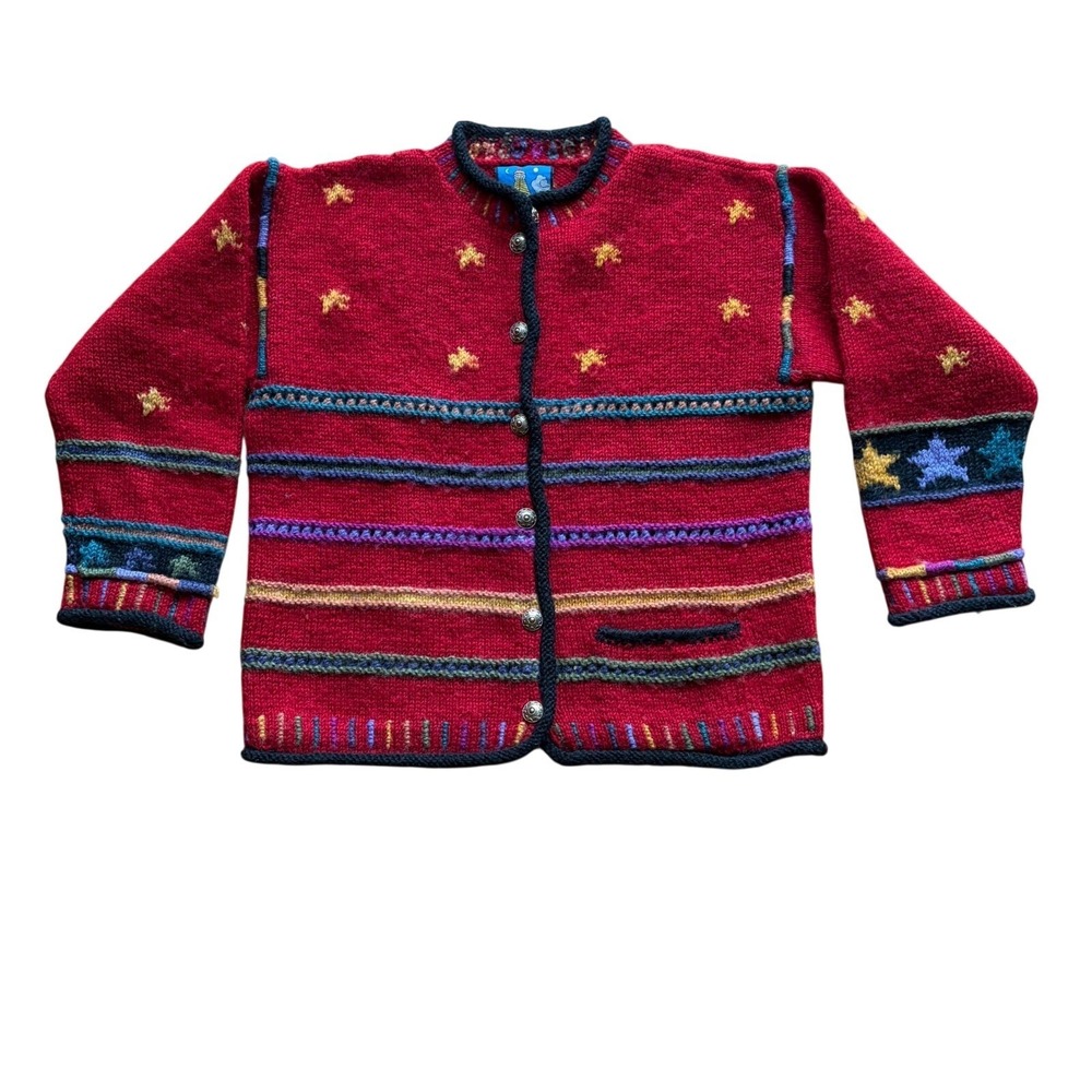 Newari Wool Hand Knit Nepal Cardigan L Folk Sweater Chunky Red‎ Stars Geometric